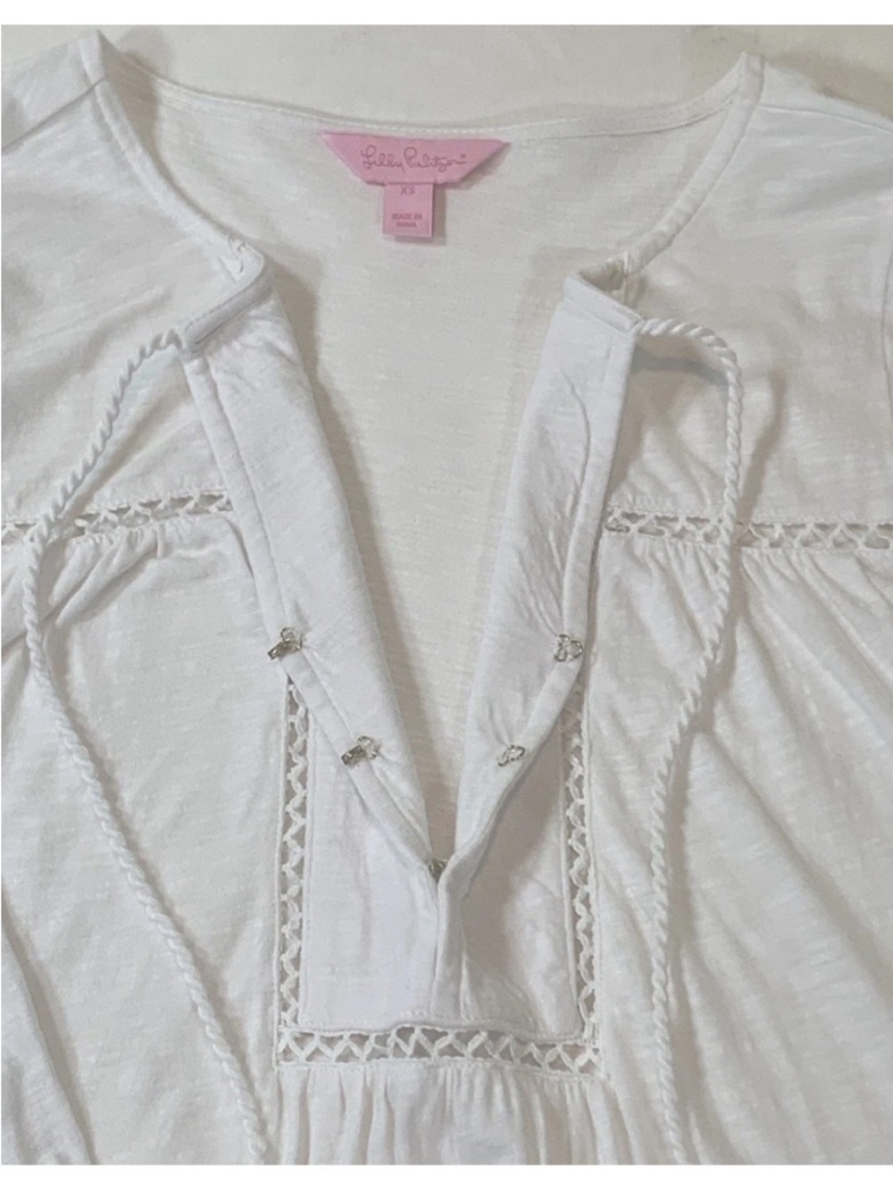 Lilly Pulitzer White Boho Peasant Tunic XS Tassel Tie Neck Resort Top - Picture 7 of 13